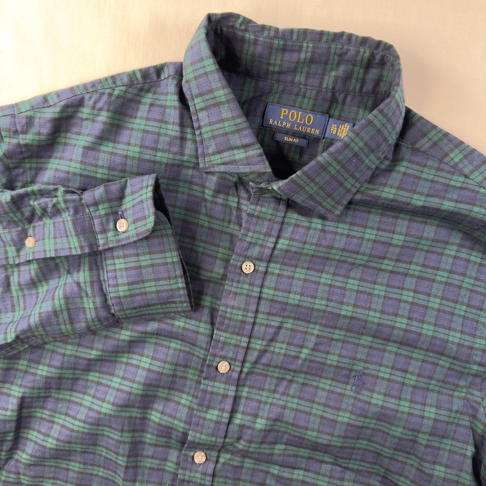 Polo Ralph Lauren Shirt Mens XL Blue Green Blackwatch Plaid Slim Fit Long Sleeve